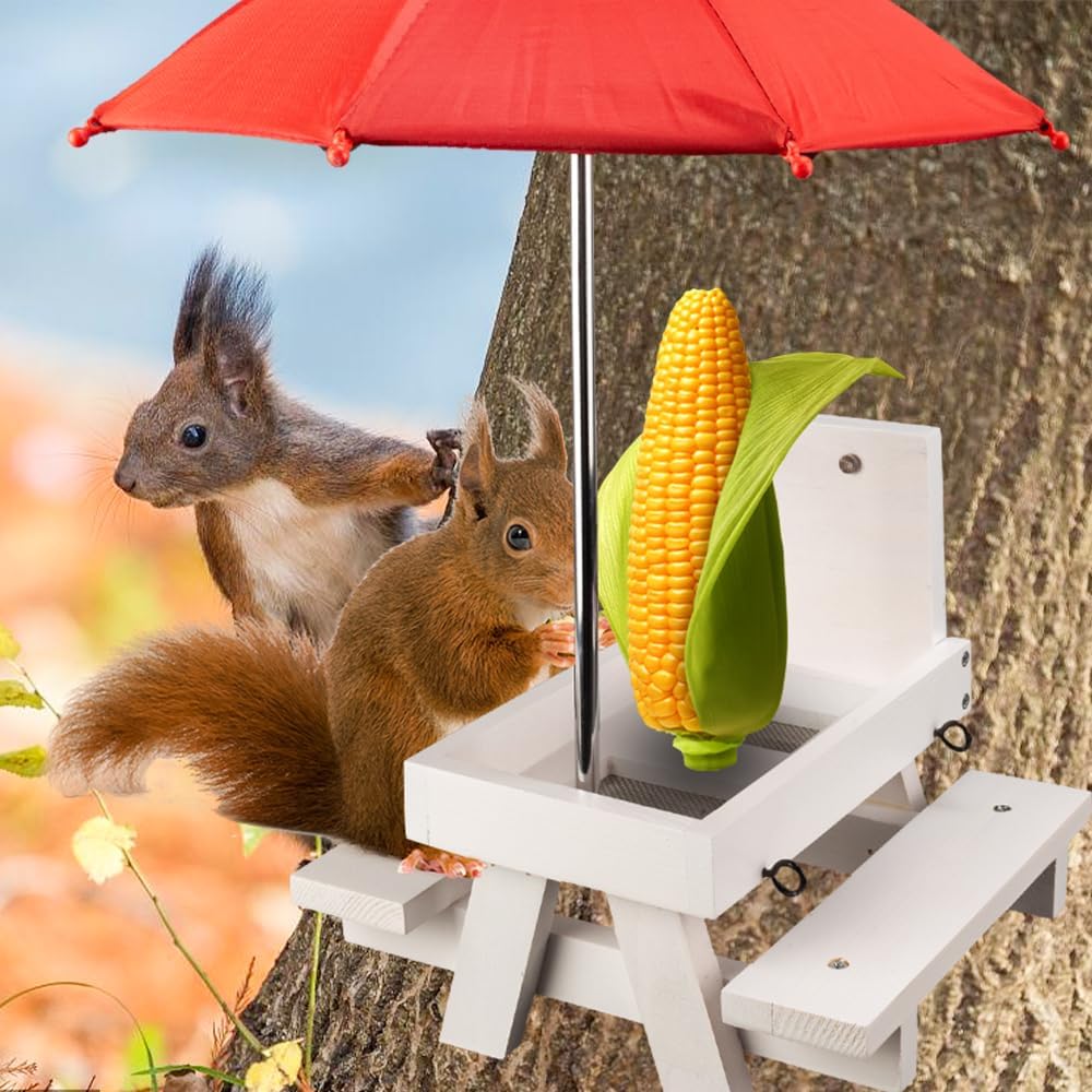 Mesa alimentadora de ardilla de madera con paraguas, comederos colgantes de ardillas para invierno exterior, comederos para pájaros de semillas de