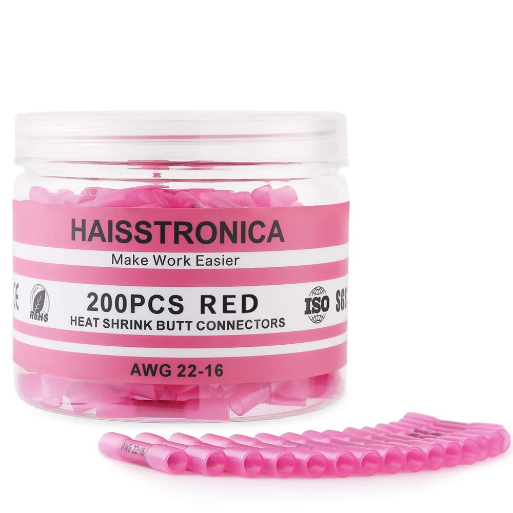haisstronica 200 conectores de tope termorretráctiles rojos de 22 a 16 Awg, cobre rojo estañado de 0.028in, conectores de alambre de crimpado