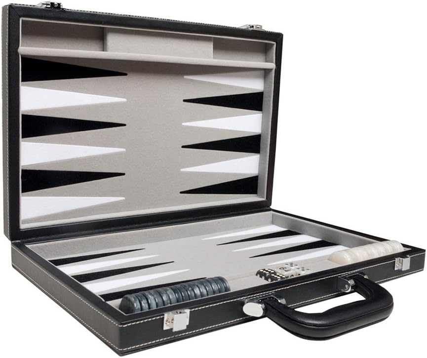 Juego de backgammon de viaje, cuero sintético, campo de juego de terciopelo, 15 pulgadas, negrogris