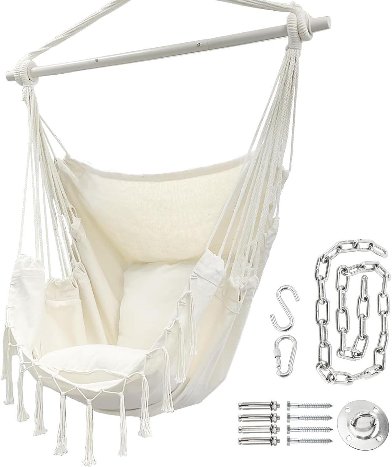 Sutekus Silla de hamaca colgante de cuerda con 2 cojines, silla hamaca colgante de cuerda con kit de accesorios de acero para patio al aire libre,