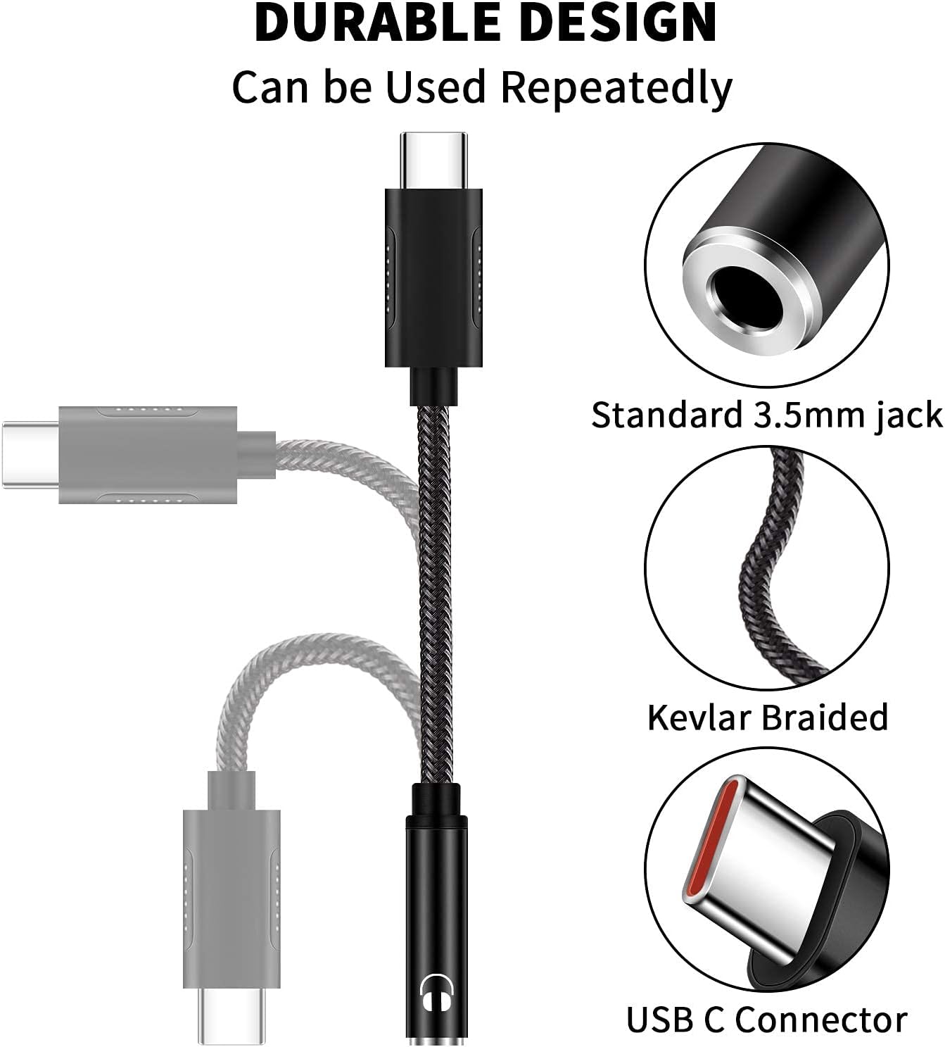 ACAGET Adaptador de auriculares USB C a 0.138 in, convertidor de conector de audio USB tipo C, chip DAC, cable trenzado, adaptador de auriculares