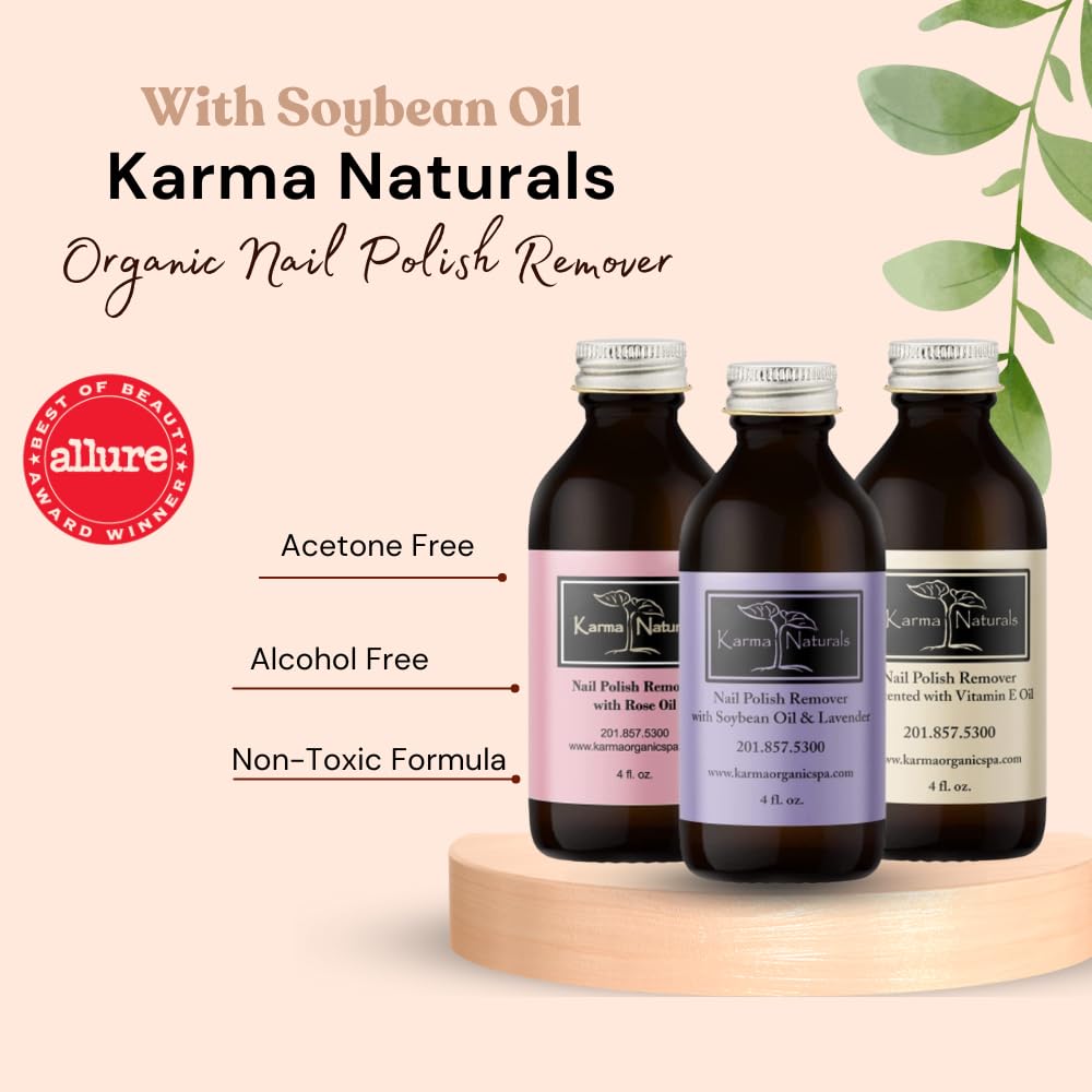 Karma Organic Paquete de removedor de esmalte de uñas, incluye lavanda natural, aceite de rosa y removedor de esmalte de uñas sin perfume (4 onzas