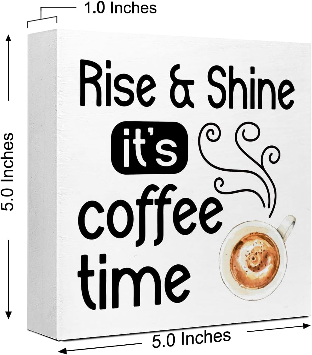 Funny Coffee Sign Decor,Rise and Shine It’s Coffee Time Wood Block Signs,Farmhouse Coffee Desk Decor for Coffee Bar Coffee Corner V639