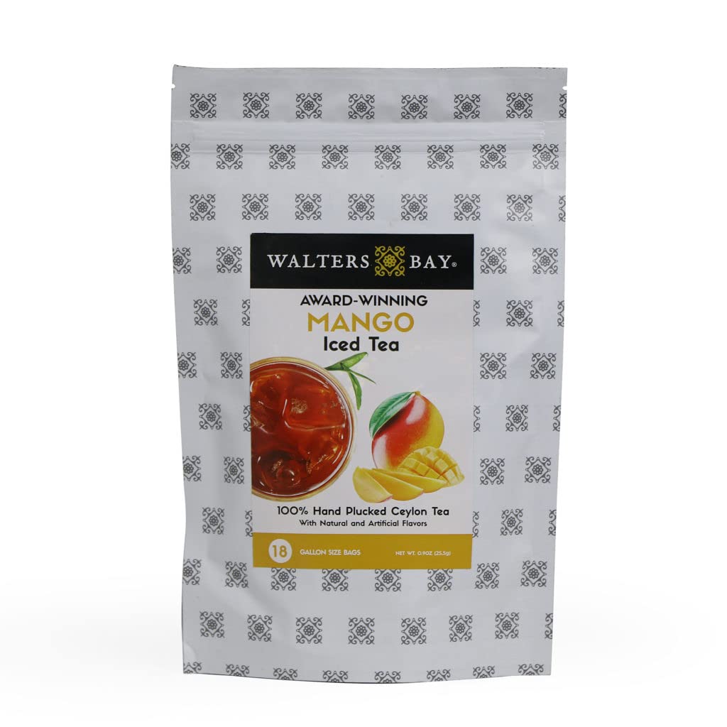 Walters Bay Bolsas de té helado de mango, 18 unidades, bolsas de té de tamaño de galón, té de Ceilán al por mayor, sin azúcar, delicioso sabor a