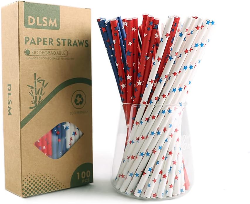 DLSM – Paquete de 200100400 pajitas de papel biodegradables extra duraderas de primera calidad ecológicas con bandera estadounidense para batidos,