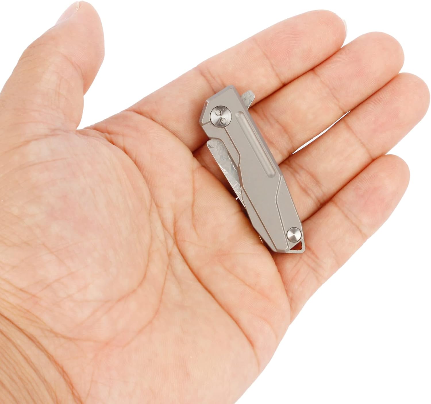 Samior HY002 – Cuchillo plegable ultra pequeño de bolsillo, hoja de damasco VG10 de 1.3 pulgadas, cerradura de marco de mango de titanio gris, mini