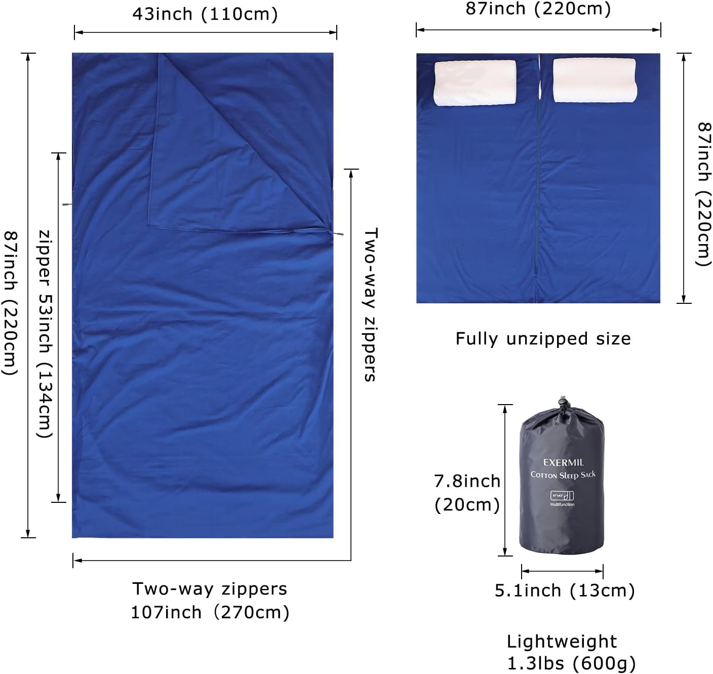 Forro para saco de dormir 100% algodón con cremalleras completas, saco de dormir grande de 87 x 43 pulgadas para adultos para viajes y campamentos,