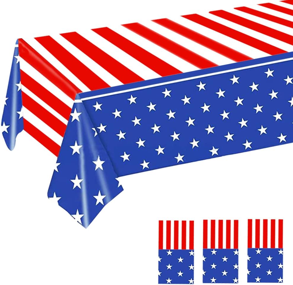 Atoplutly Paquete de 3 manteles de plástico con bandera estadounidense, manteles desechables para el 4 de julio, para barbacoa, picnic, cumpleaños,