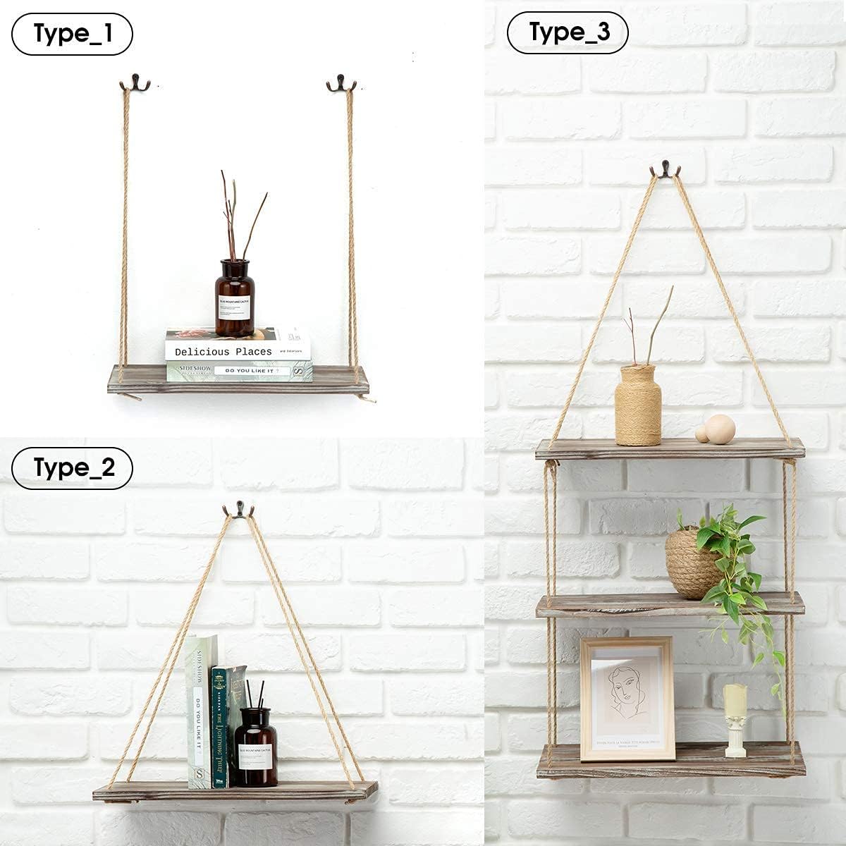 J JACKCUBE DESIGN MK555AAA – Juego de 3 estantes colgantes de madera rústica, decoración bohemia de habitación, estante de exhibición de cuerda