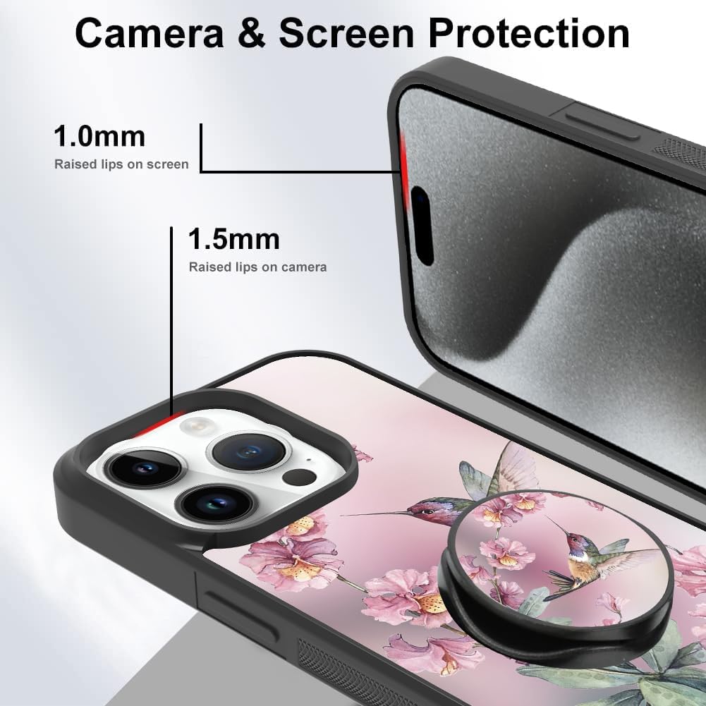 Bonoma Funda compatible con iPhone 15 Pro de 6.1 pulgadas, colibrí rosa, bonita textura de neumático, a prueba de golpes, antiarañazos, delgada,