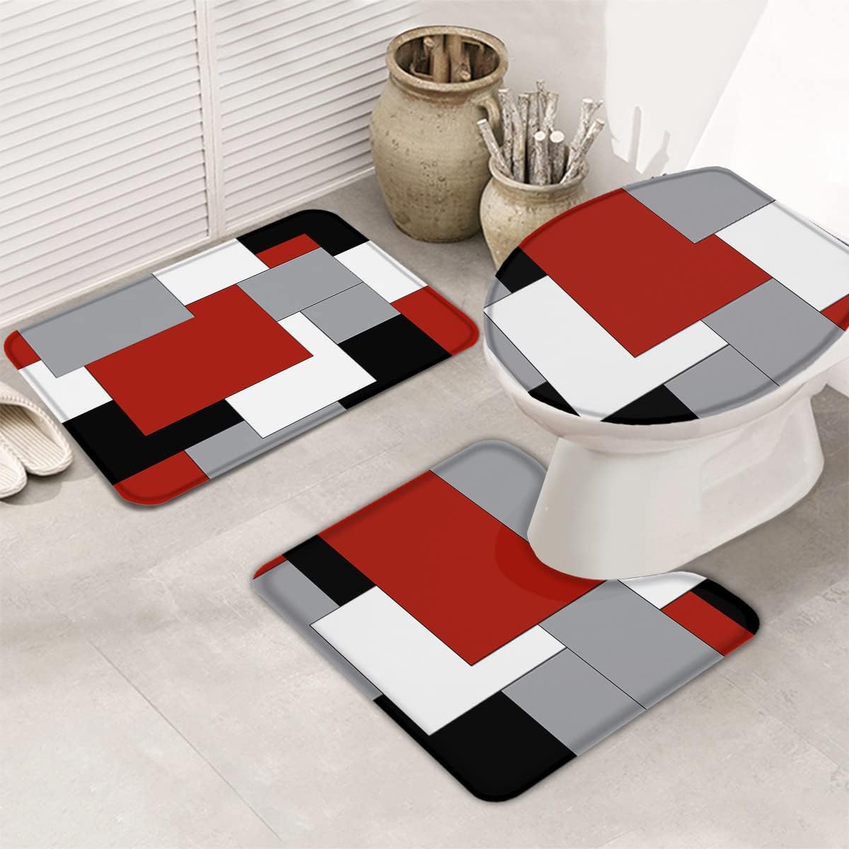 Queenker Juego de 3 alfombras de baño geométricas rojas, funda de asiento de inodorotapete de piso de bañoalfombra de contorno para baño, negro,