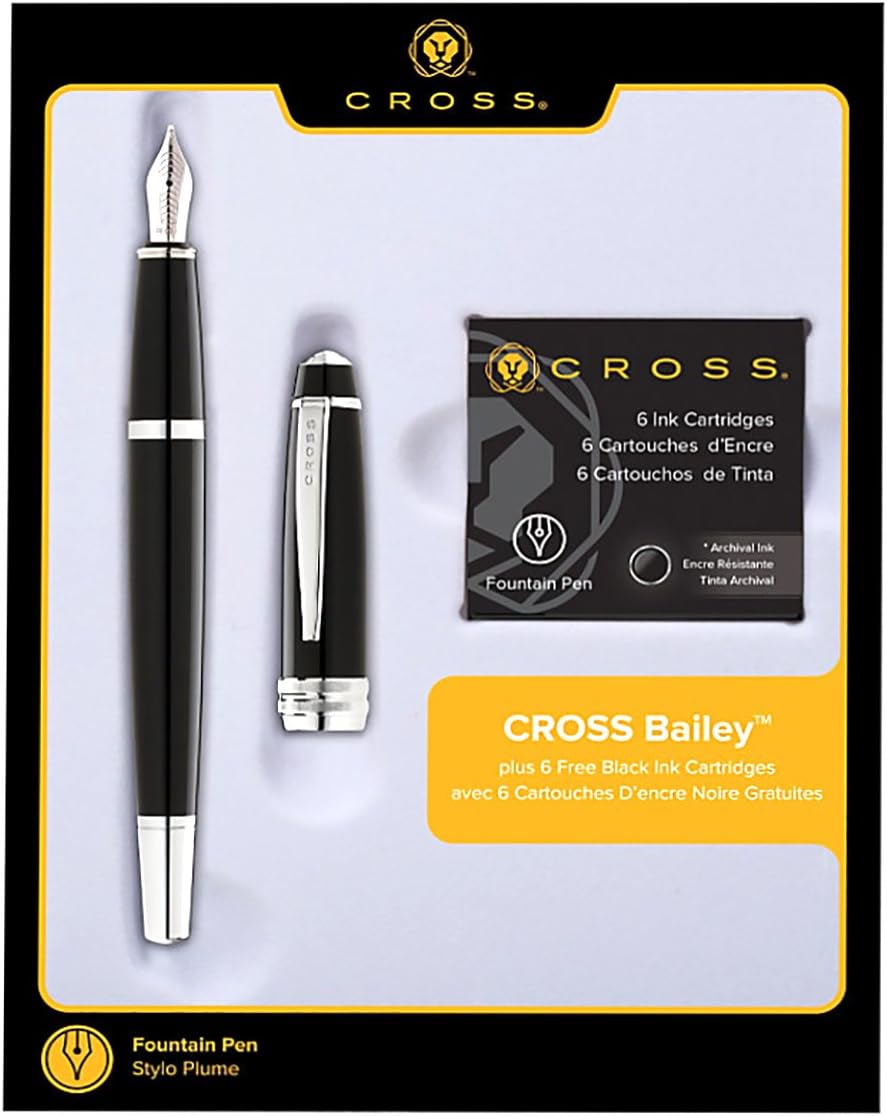 Cross Bailey Lacquer – Pluma estilográfica negra, tamaño mediano + 6 cartuchos de pluma estilográfica (negro)
