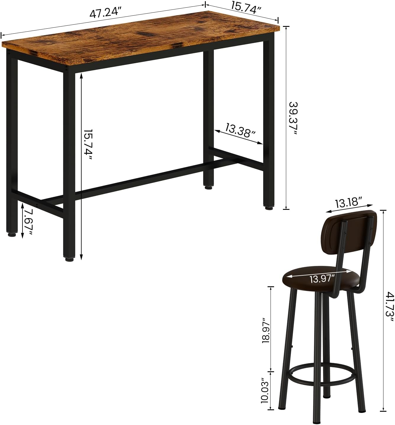 Lamerge Mesa industrial de altura de pub con 2 taburetes tapizados de poliuretano, mesa de cocina y sillas de 3 piezas, apto para comedor, sala de