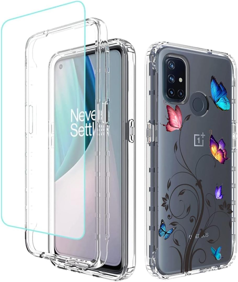 Funda para OnePlus Nord N10 5G, BE2029 con protector de pantalla de vidrio templado, carcasa rígida de diseño floral de cuerpo completo + funda de