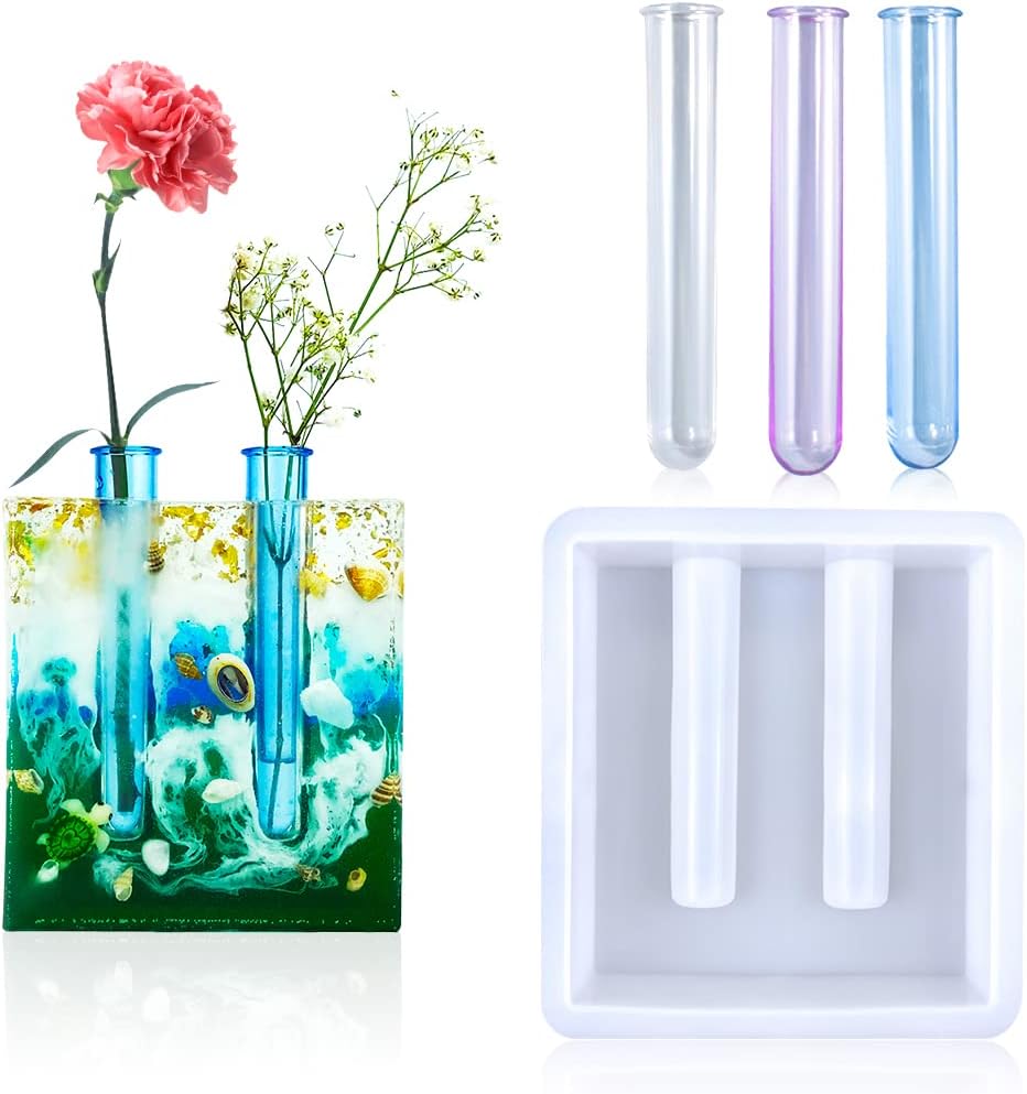 Voyyphixa Moldes de resina para jarrón de silicona para estación de propagación de plantas, jarrón rectangular de resina epoxi con 3 tubos de