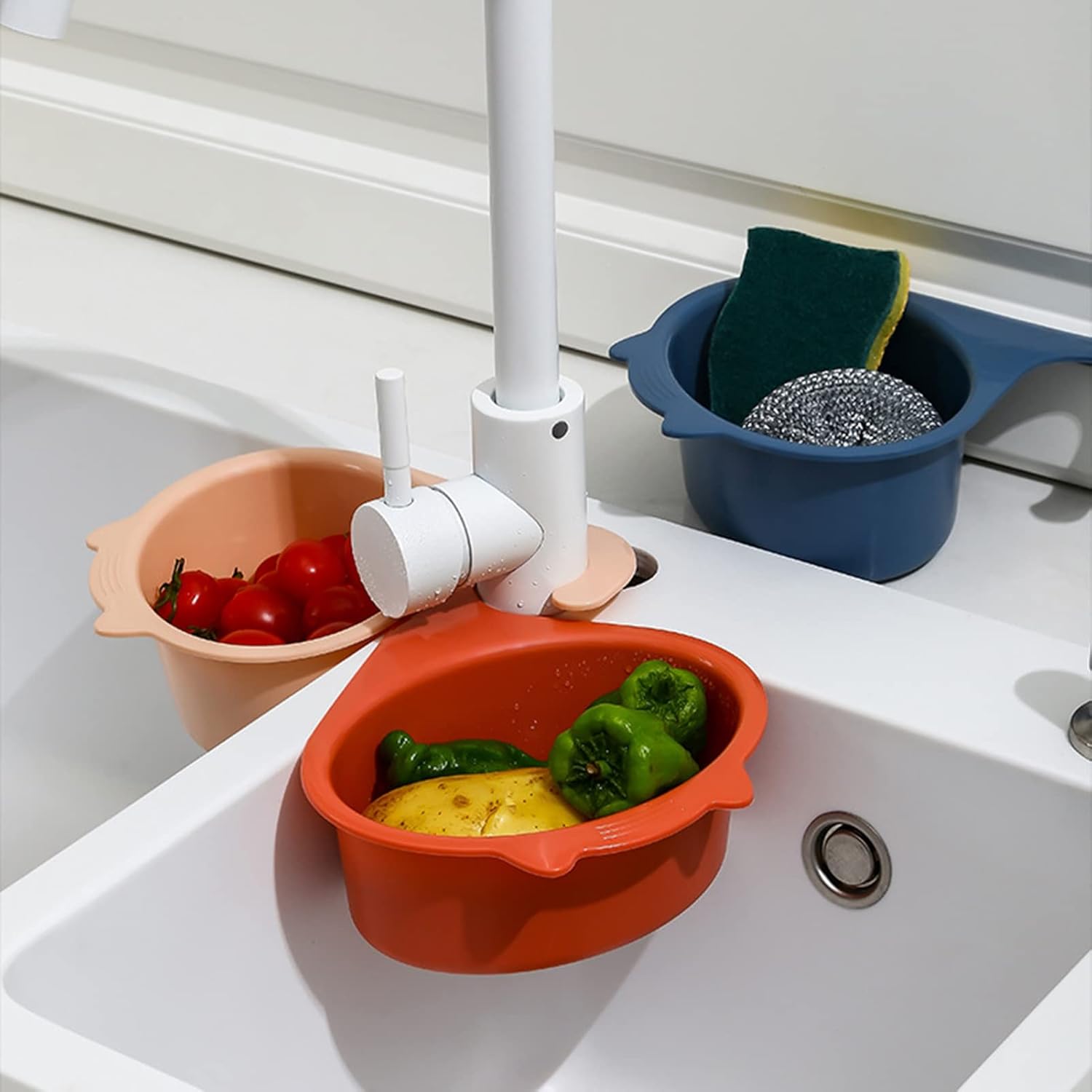 Colador para colocar sobre el fregadero, cesta de drenaje para lavar verduras y frutas, escurrir pasta cocida y platos secos, se cuelga en el grifo,