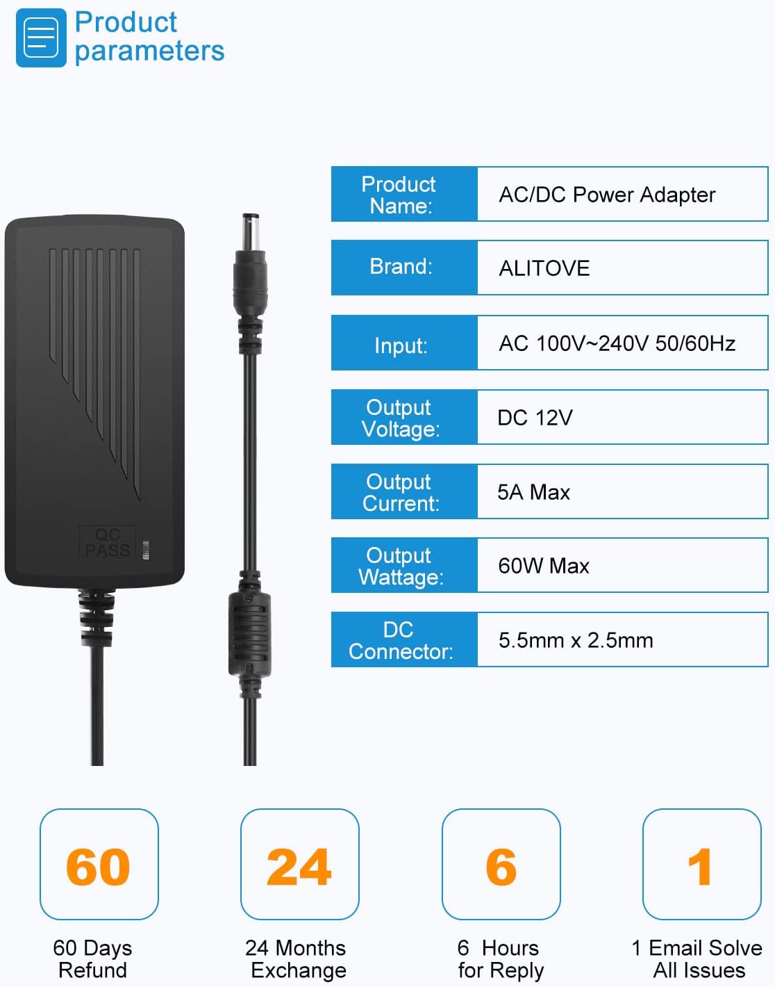 ALITOVE Fuente de alimentación de 12 V 5 A, adaptador de corriente de 12 voltios, 60 W, 100  240 V CA a CC 12 V, convertidor de controlador LED,