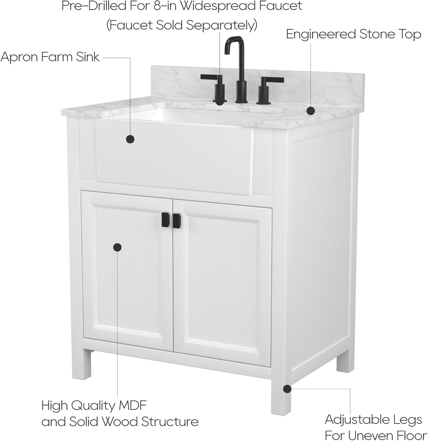 Tocador de baño con lavabo de 30 pulgadas, combo de gabinete de lavabo de baño en blanco, tocador de almacenamiento moderno con puerta de cierre
