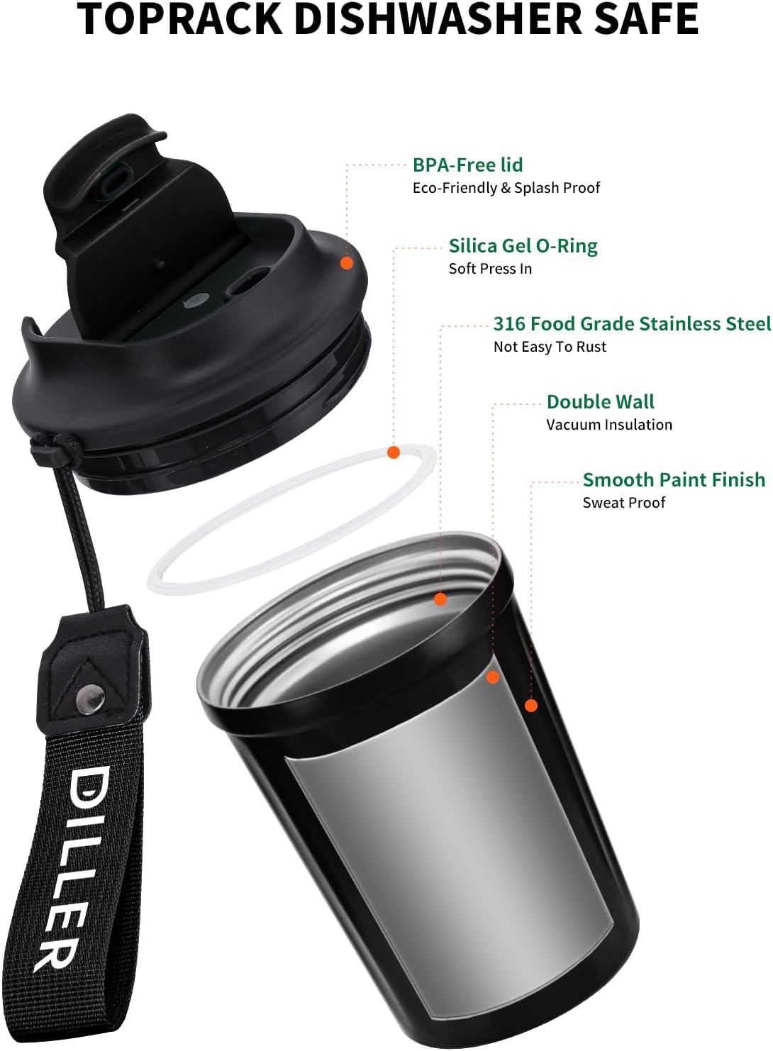 Diller Botella de agua aislada, taza de café aislada al vacío de 12 onzas con tapa, botella de agua térmica portátil de acero inoxidable para