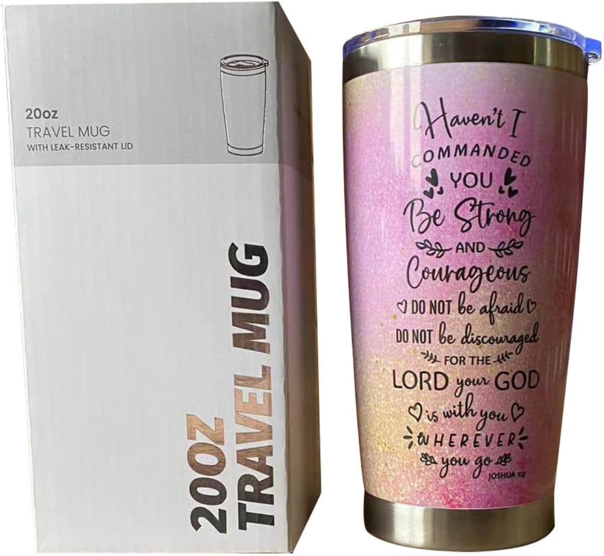 Vaso cristiano de regalo para mujer, 20 onzas, acero inoxidable, Joshua 19, Strong Courageous