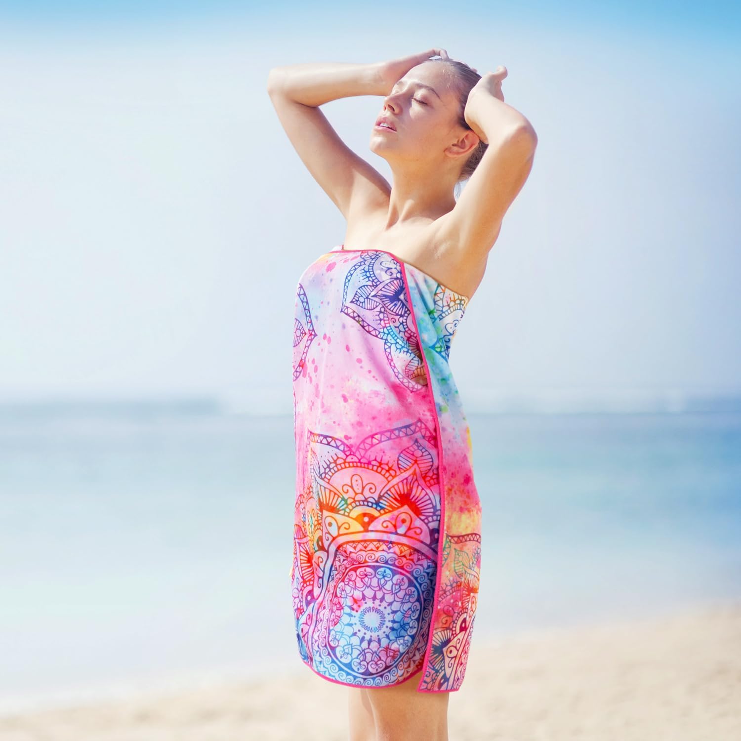 Lokigo Toalla de playa con diseño de mandala, de algodón floral de colores, toalla de baño suave y absorbente, toalla de baño para niños, niñas,