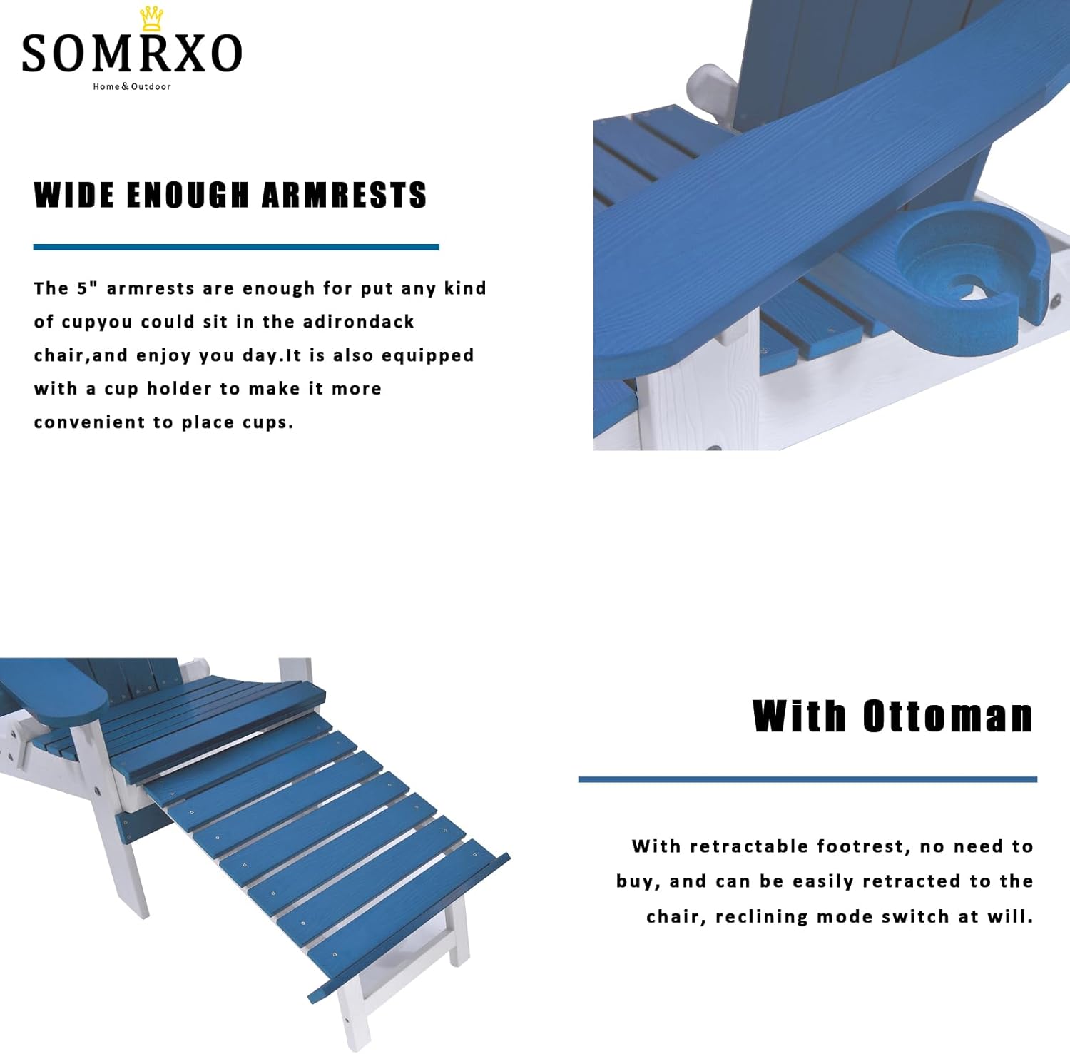 SOMRXO – Sillas Adirondack de plástico con otomana plegable, silla Adirondack plegable con portavasos, silla para hoguera, silla de patio al aire