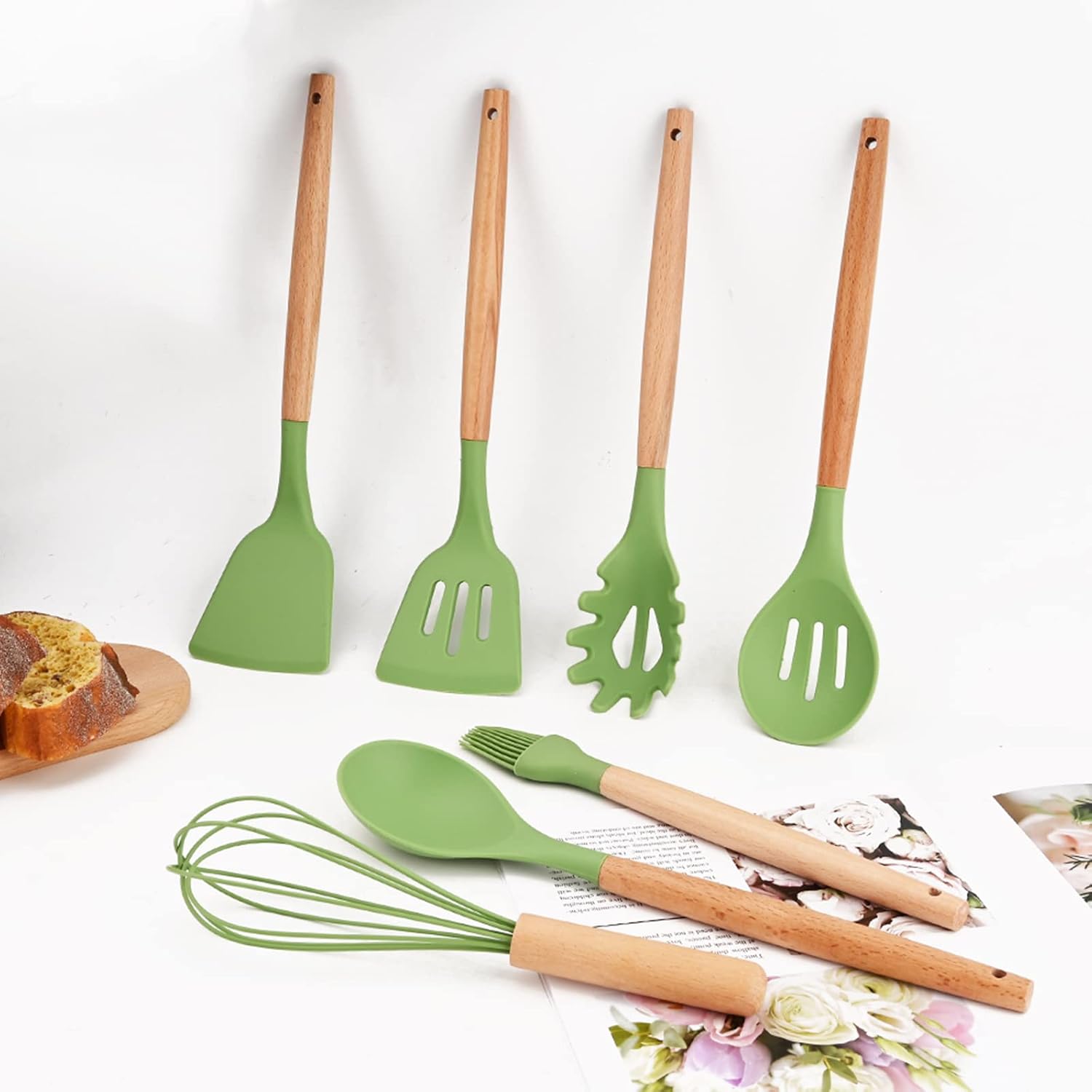 1 utensilio de cocina de silicona verde aguacate resistente al calor, mango de madera, espátulas de cocina antiadherentes para pescado, huevos y