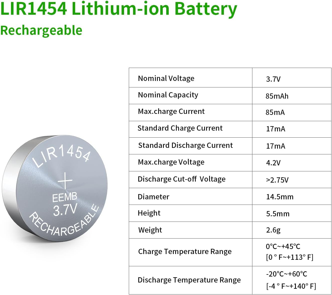 EEMB Paquete de 4 baterías recargables LIR1454 3.7V batería de botón de iones de litio batería de celda de moneda para auricular dispositivo
