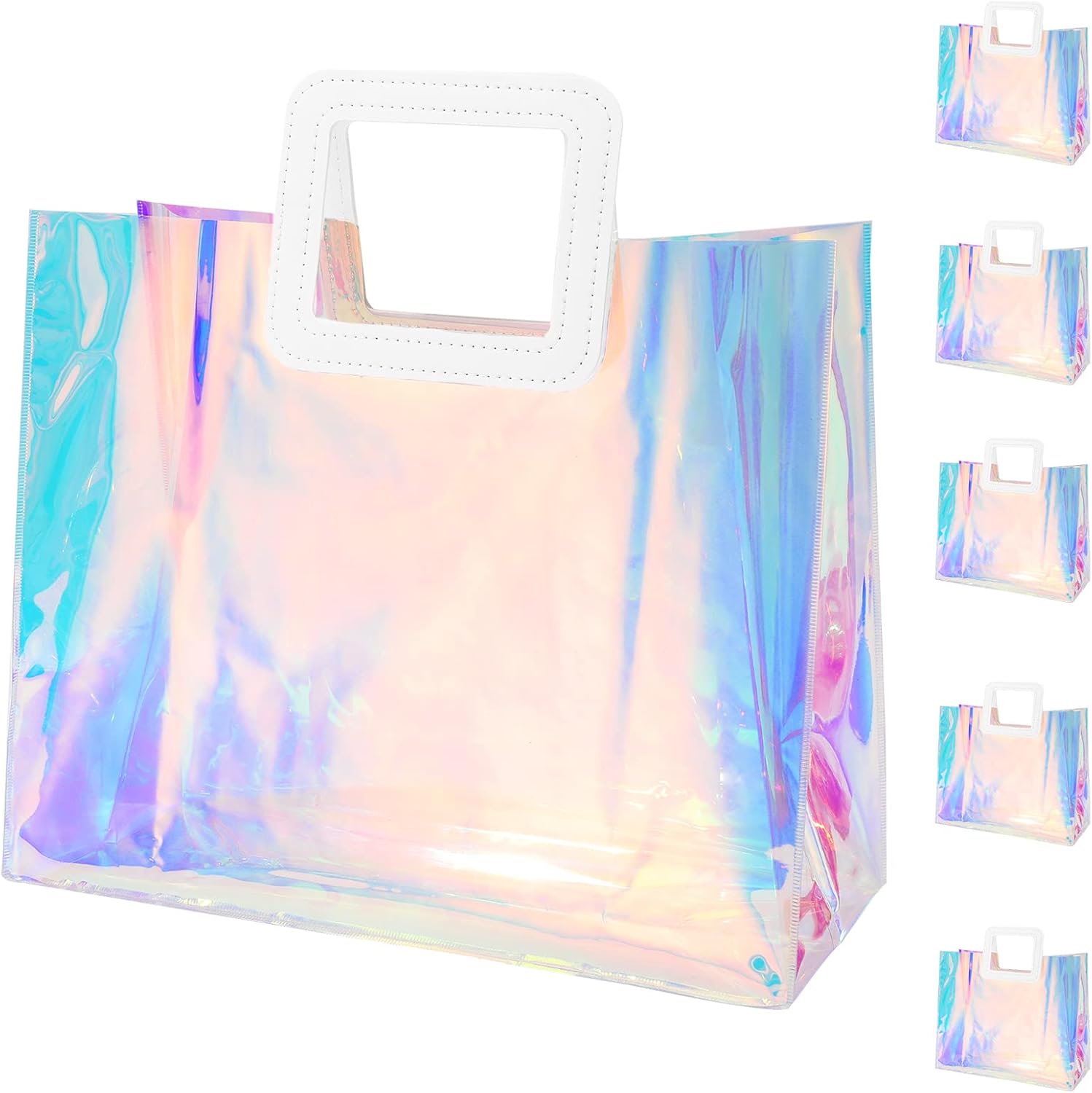 Whaline 5 bolsas de regalo holográficas grandes de 12.8 x 11.6 x 5.7 pulgadas, iridiscentes, transparentes, reutilizables, de PVC, bolsas de compras