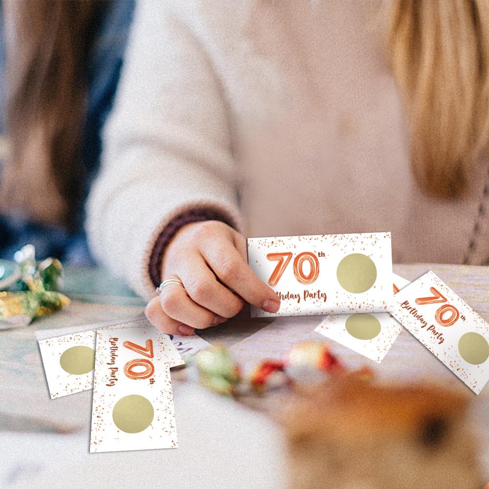 REWIDPARTY Tarjetas de juego para raspar para fiesta de 70 cumpleaños para adultos (32 unidades) entradas rosadas para raspar cumpleaños de 70