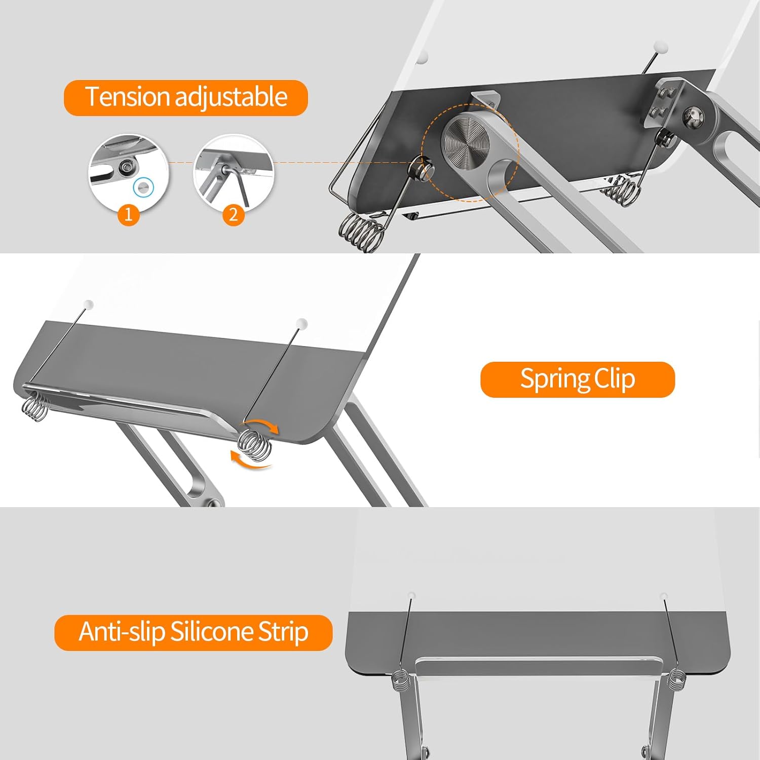 Soporte de acrílico para lectura, soporte ajustable de aluminio con múltiples ángulos y alturas, soporte ajustable para libros y clips de página,