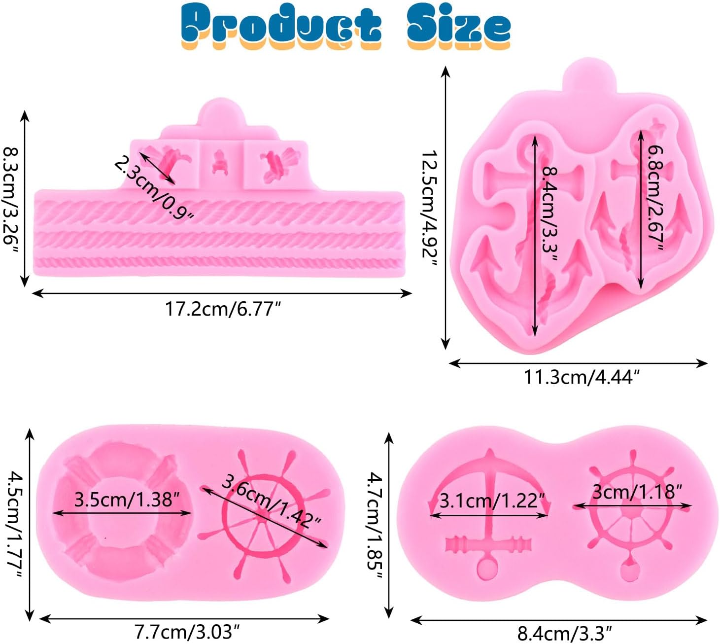 Mujiang Moldes de silicona para timón de ancla, soga salvavidas, molde de fondant, moldes de chocolate pirata para decoración de pasteles de azúcar,