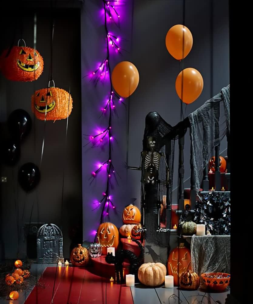 Guirnalda de luces de Halloween para decoración de Halloween, luces de araña de 6.5 pies, 48 LED, funciona con pilas, ramas de araña de Halloween,