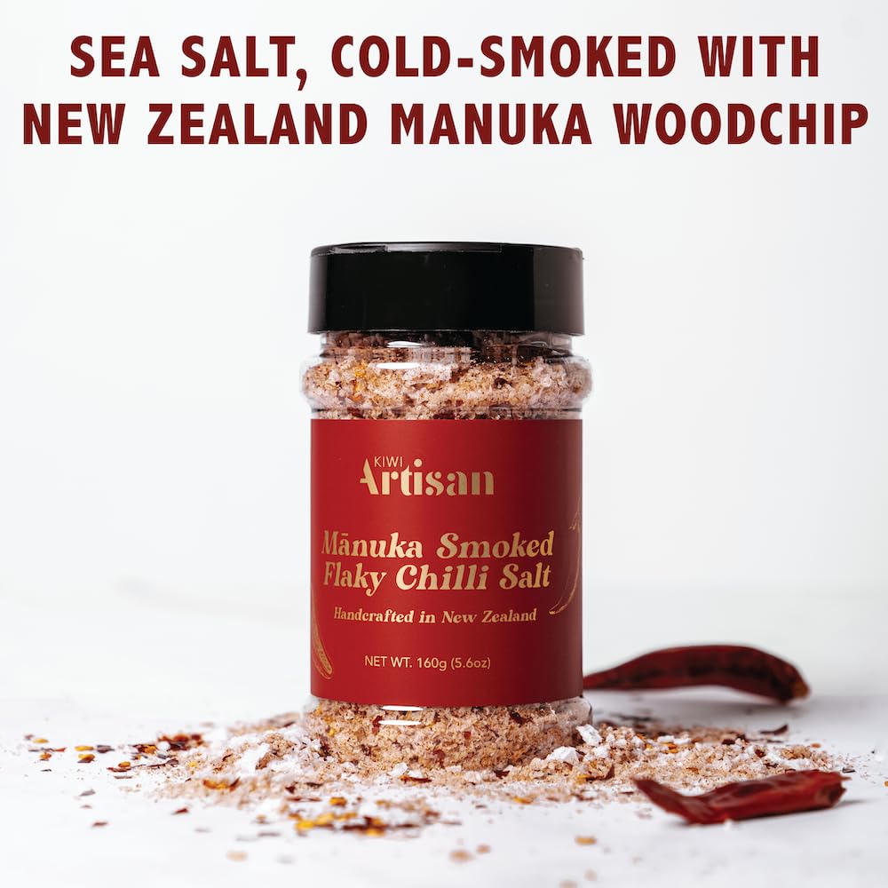 Kiwi Artisan Sal de chile ahumado, copos de sal marina orgánica, condimento para frotar en seco, infundido con pimentón ahumado y jalapeño,