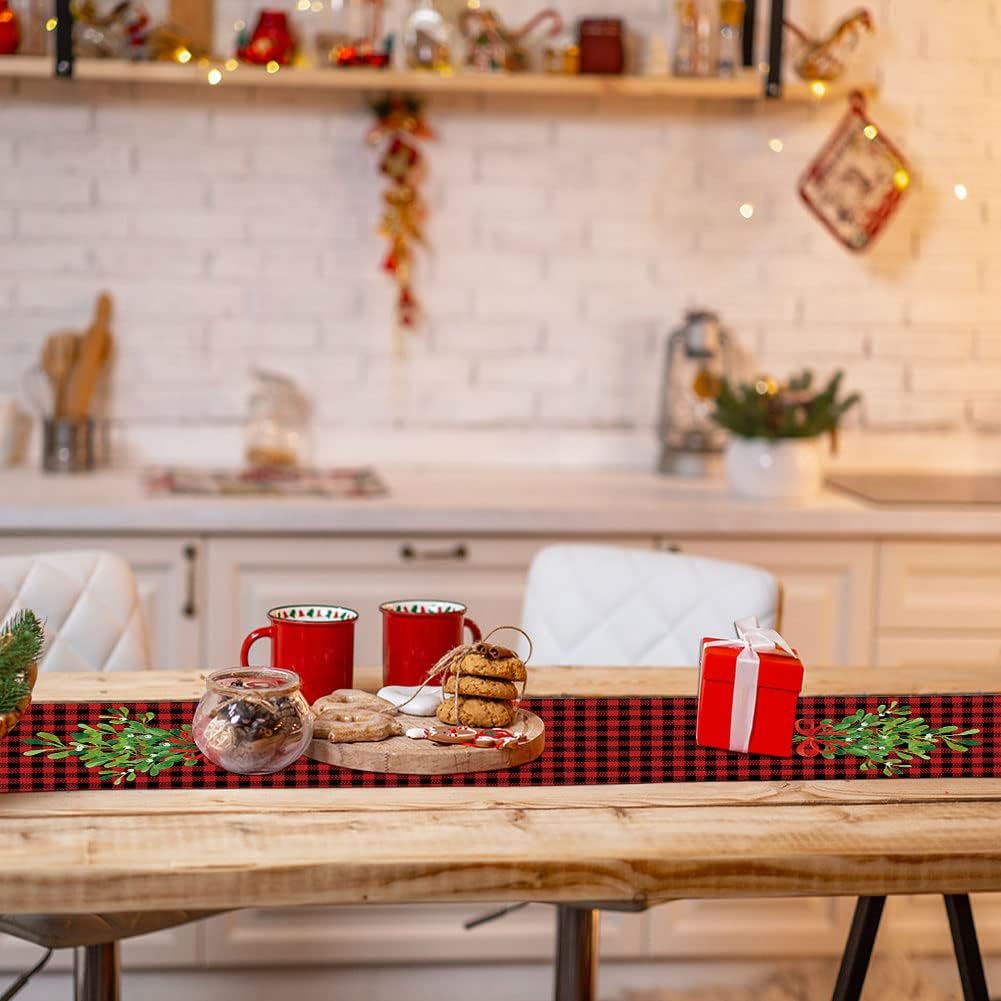 Camino de mesa navideño de muérdago y pino, búfalo a cuadros, mantel de temporada de invierno, Navidad, decoración de mesa de cocina, comedor para