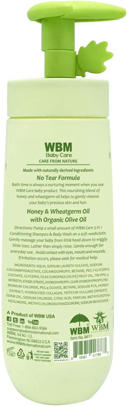 Care 3 en 1 Baby Shampoo, enriquecido con miel, germen de trigo y aceite de oliva orgánico, nutre el cabello del bebé con una fórmula suave y sin