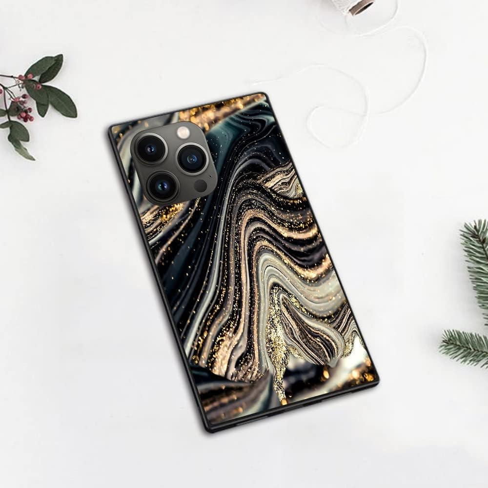 Funda cuadrada de lujo para iPhone 15 Pro Max, funda cuadrada con diseño de mármol de geoda de ónix negro y dorado para mujeres y hombres, funda de