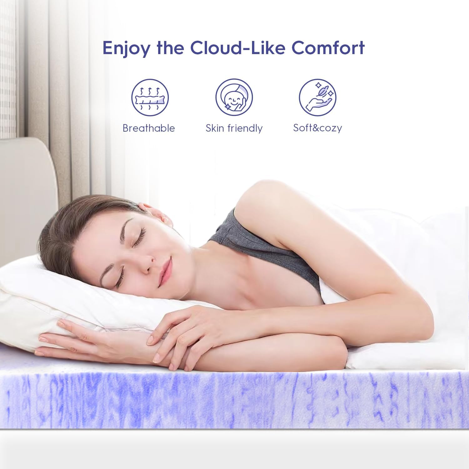 ELEMUSE Cubrecolchón de espuma viscoelástica con diseño ventilado de 4 pulgadas, almohadilla de espuma de remolino con gel refrescante para aliviar