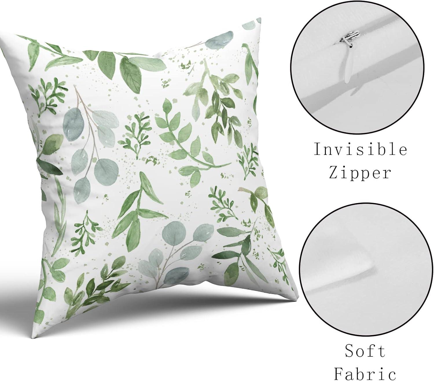 Juego de 2 fundas de almohada de color verde salvia de 16 x 16 pulgadas, fundas de almohada cuadradas de algodón suave con estampado de hojas para
