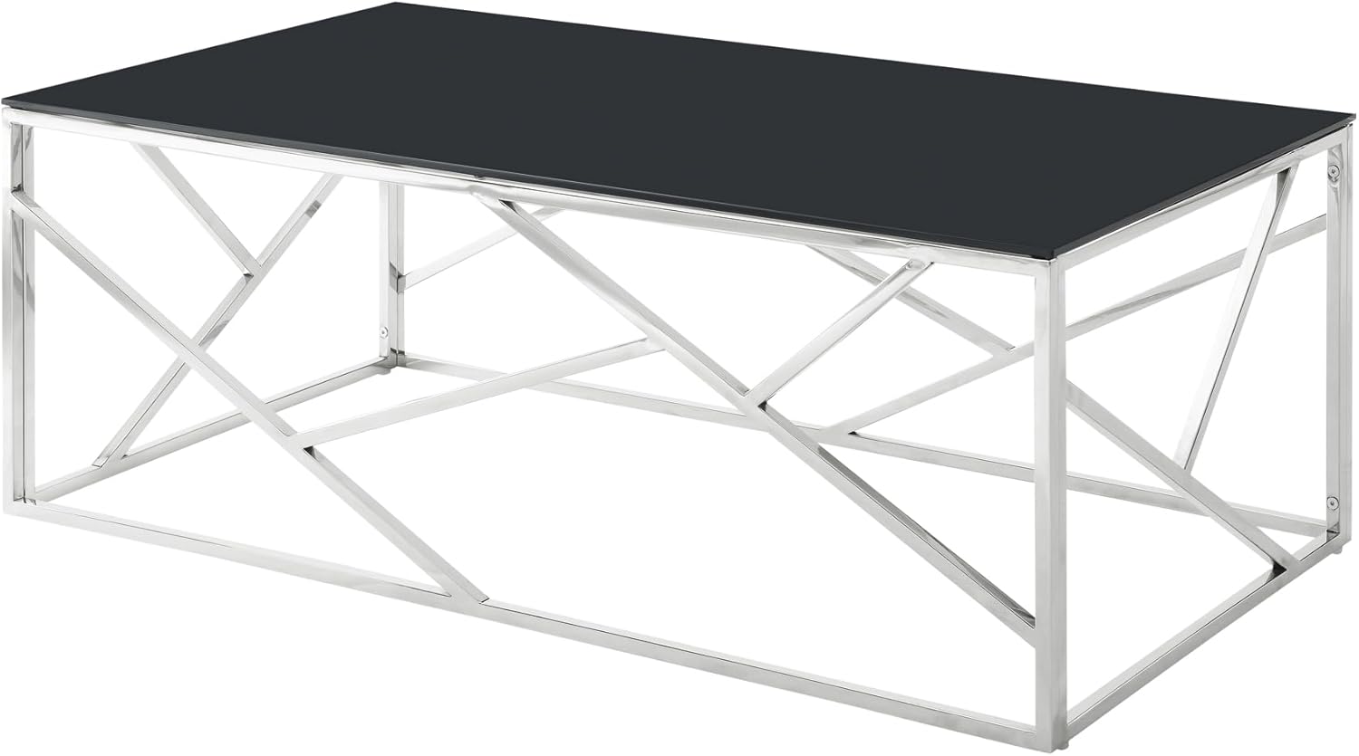 Moderna mesa rectangular de cristal con tapa de vidrio templado negro y marco de acero inoxidable para sala de estar y dormitorio, cromo pulido