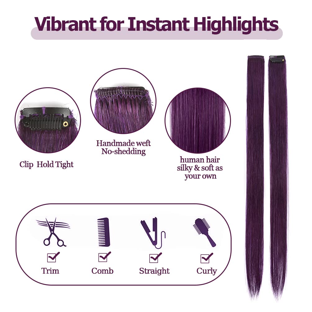 Winsky Extensiones de cabello morado con clip  100% cabello humano real de color para niñas, piezas de cabello de Halloween, 5 piezasjuego (18