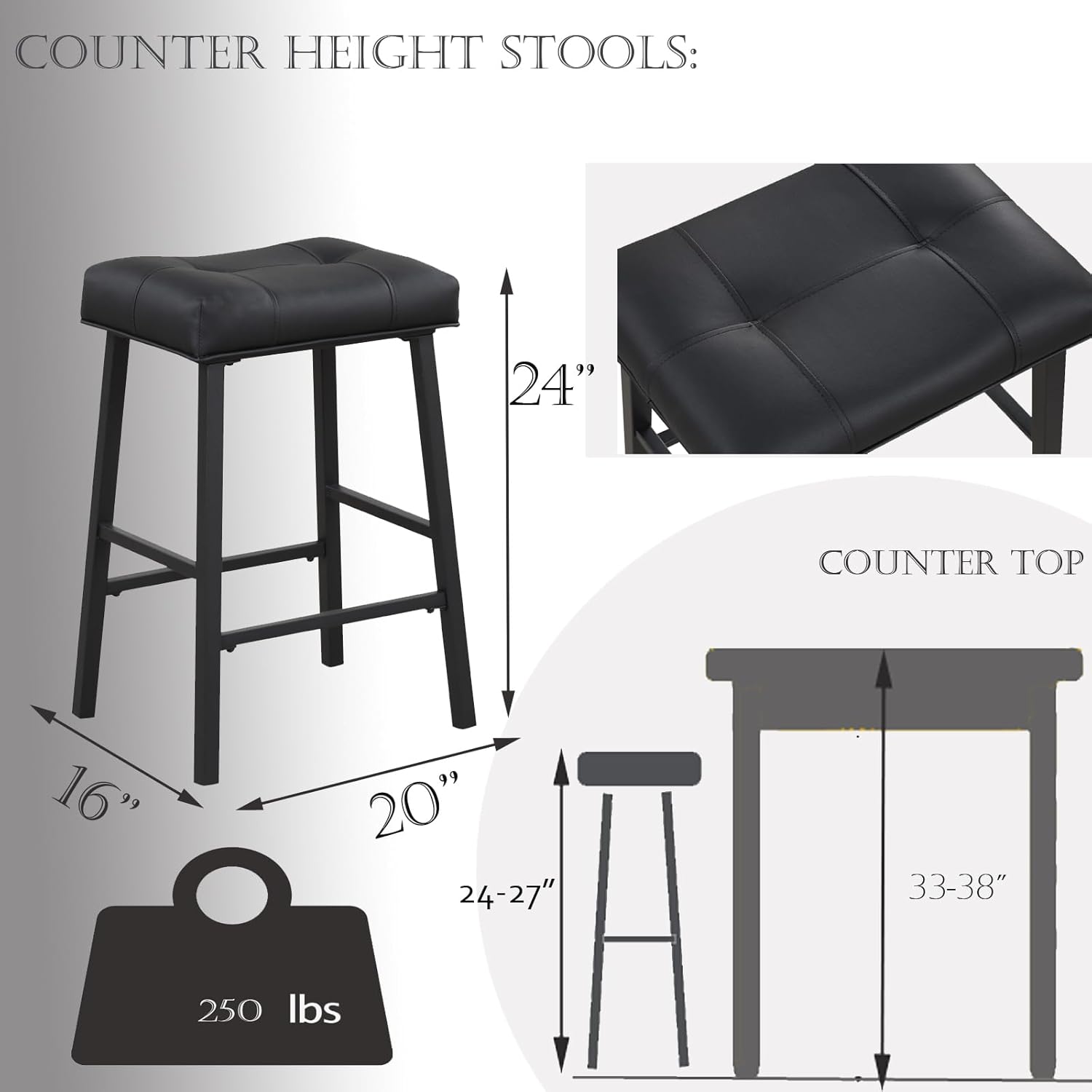 Black KR302PBK – Juego de 2 taburetes de bar de cocina de 24 pulgadas de altura con asiento tapizado, taburetes de desayuno para encimera de cocina,