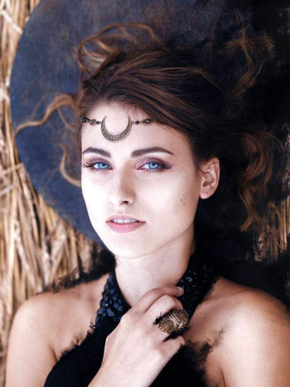 DoubleNine – Colgante de gota de luna creciente con borlas, cadena para la cabeza, cuentas negras, diadema retro de piedra natural, accesorios para