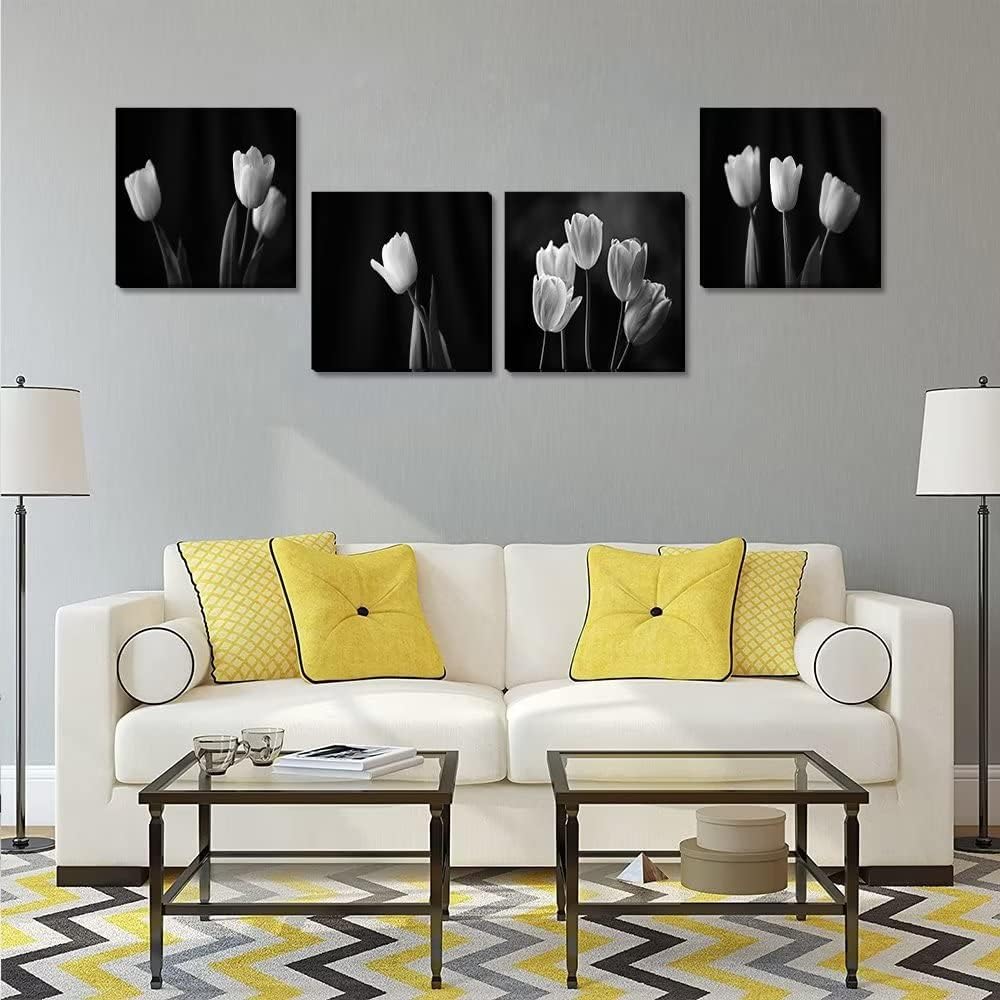 Wall HDQ Decoración de pared en lienzo blanco y negro con tulipanes, arte de pared con flores, sala de estar, dormitorio, baño, decoración del