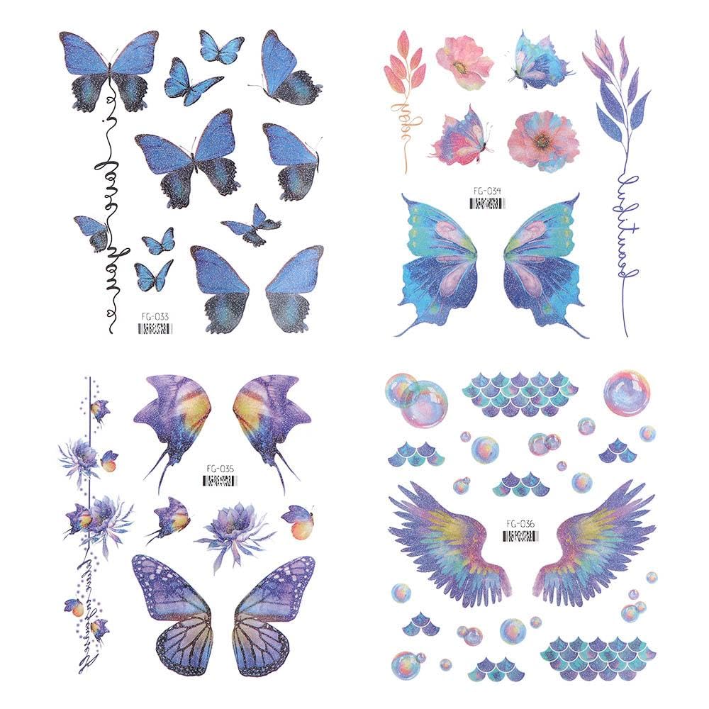 Tatuajes temporales de mariposa, exquisitas alas de ángulo de mariposa, tatuajes falsos para mujer, arte corporal de muñeca, cuello de muñeca,