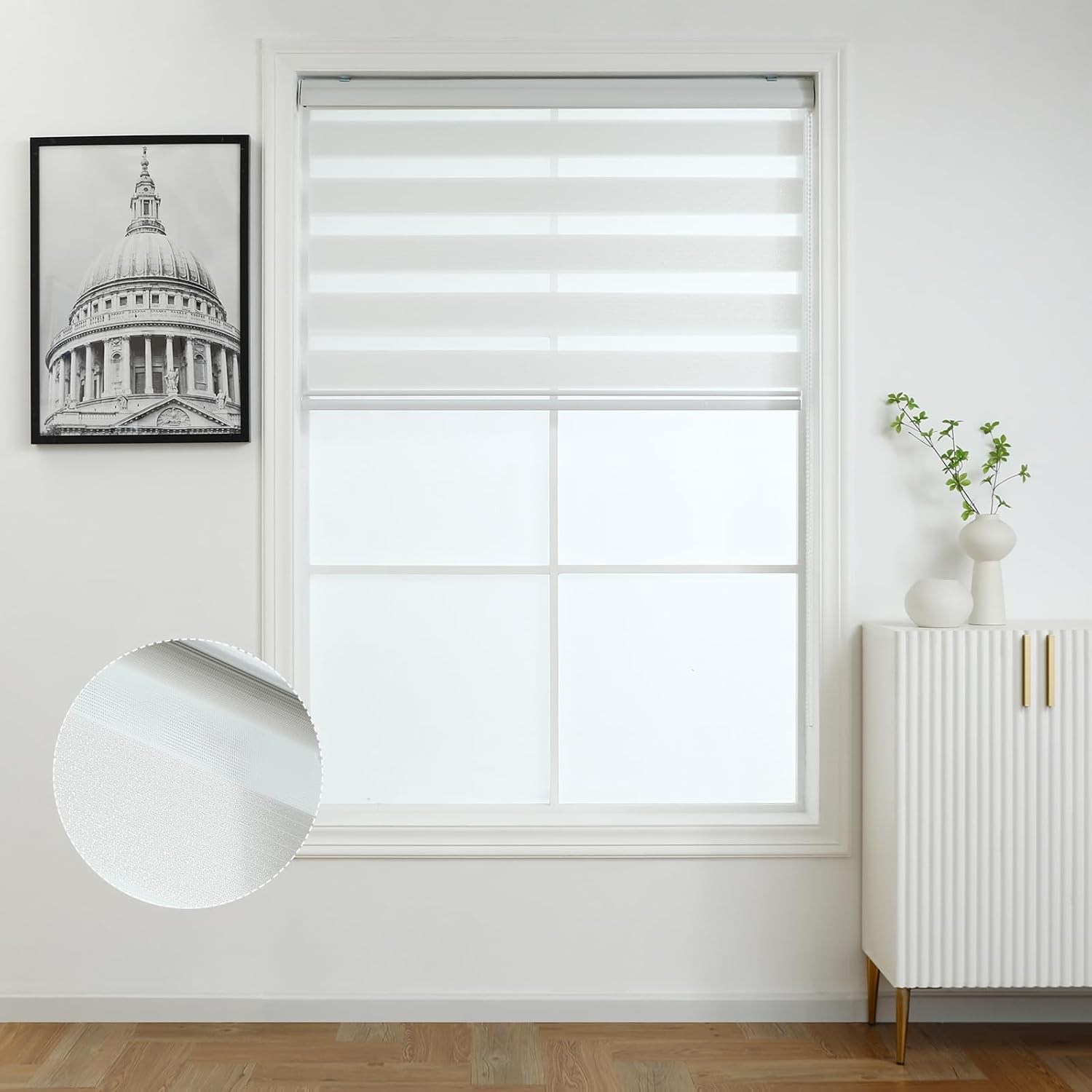 LALAWUNO Persianas enrollables sin cordones estilo cebra para ventanas, con filtro de luz (altura máxima 59 pulgadas) (color blanco) (25.6 pulgadas