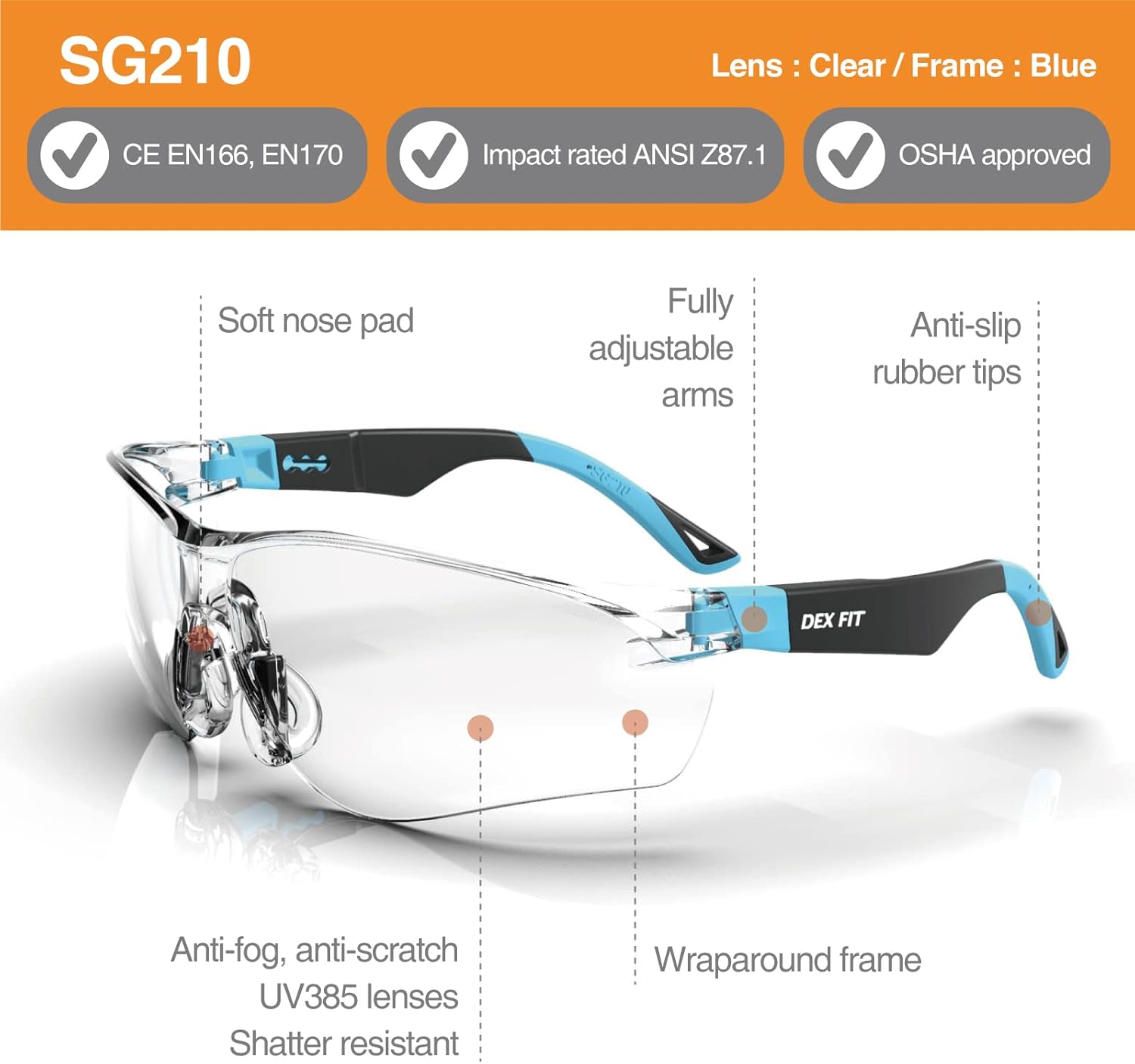 DEX FIT Gafas de seguridad SG210, Z87, protección ocular, antivaho y resistentes a los arañazos, ajustables para mujeres y hombres, protección UV
