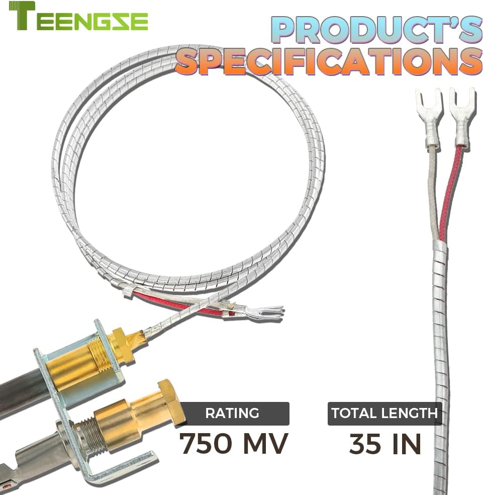 Quemador piloto y ensamblaje de termopila de 750 milivoltios, cables propios de 36 pulgadas con cubierta de fibra de vidrio de aluminio para