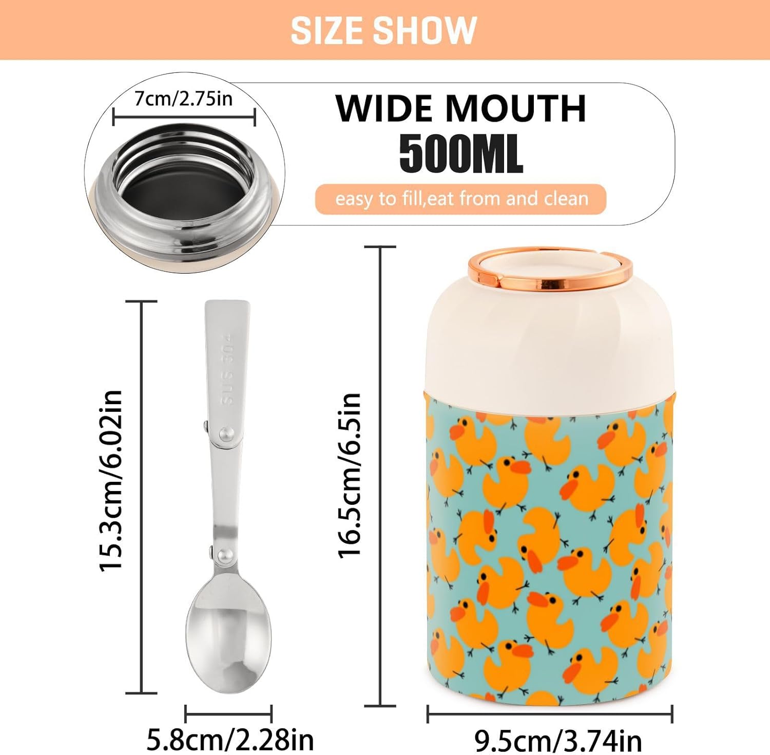 Yellow Duck Kids Womens Insulated Food Jar with Spoon 17oz500ml Containers For Hot Food Stainless Steel Vacuum Vacuum Insulated Food Containers for