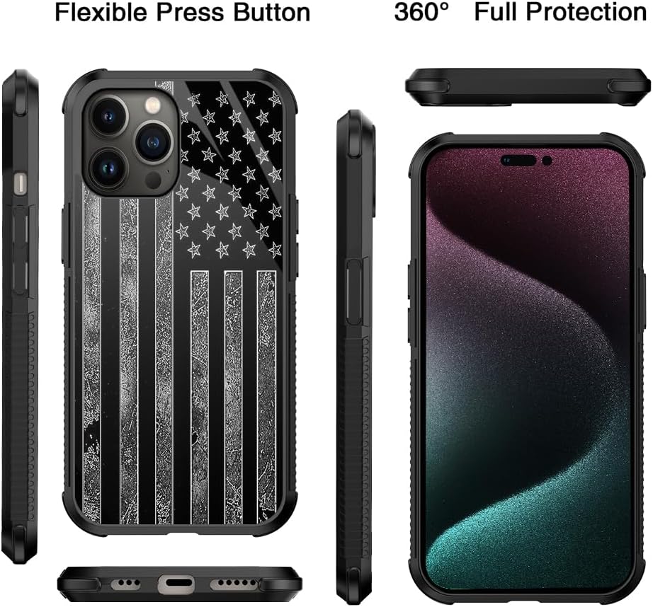 Funda compatible con iPhone 15, funda de bandera estadounidense gris oscuro para iPhone 15 para hombres y niños, diseño de vidrio orgánico, a prueba